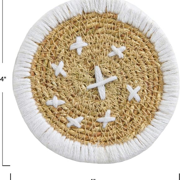 Bloomingville Round Hand-Embroidered Bohemian Seagrass, White Woven Coasters - Picture 7 of 7